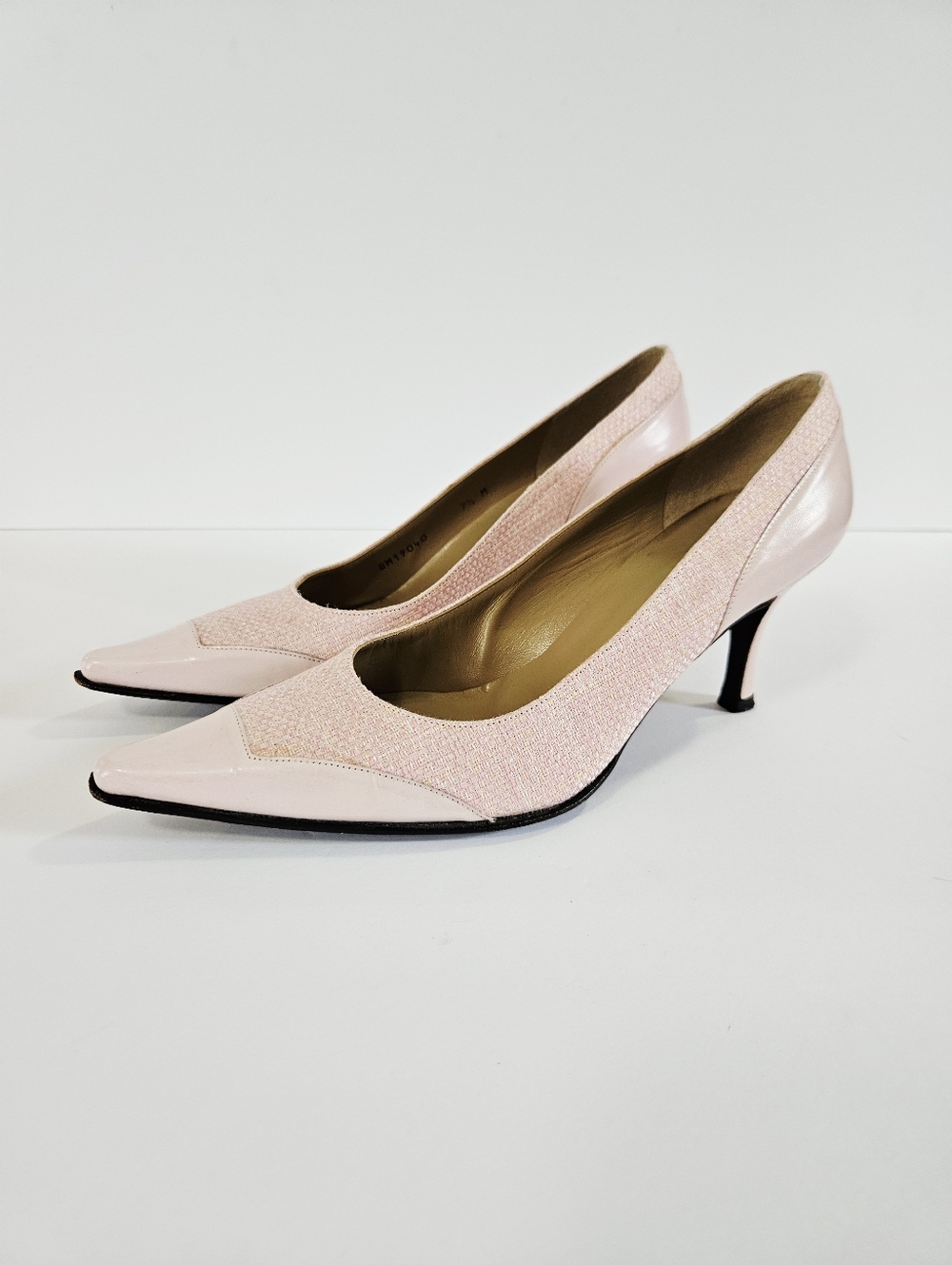 Vintage Stuart Weitzman Pink Woven Tweed Patent Leather Pointed Toe Pumps 7.5